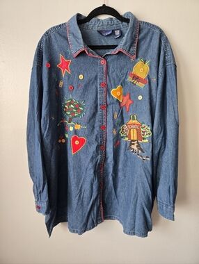Vintage Denim Shirt with Colorful Embroidery Back To School Size 3X